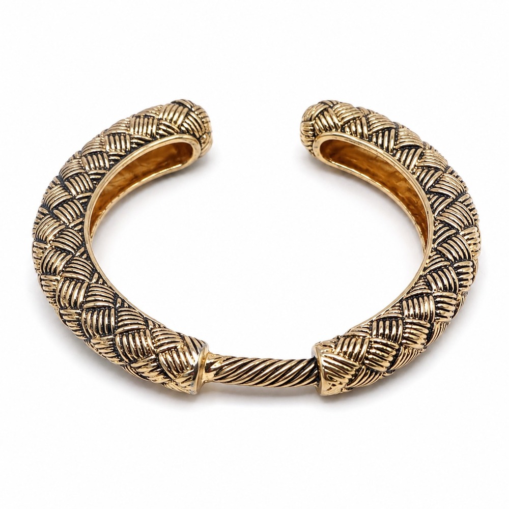 Vintage Gold Tone Basket Weave Cuff Bracelet Hinged Statement Jewelry
